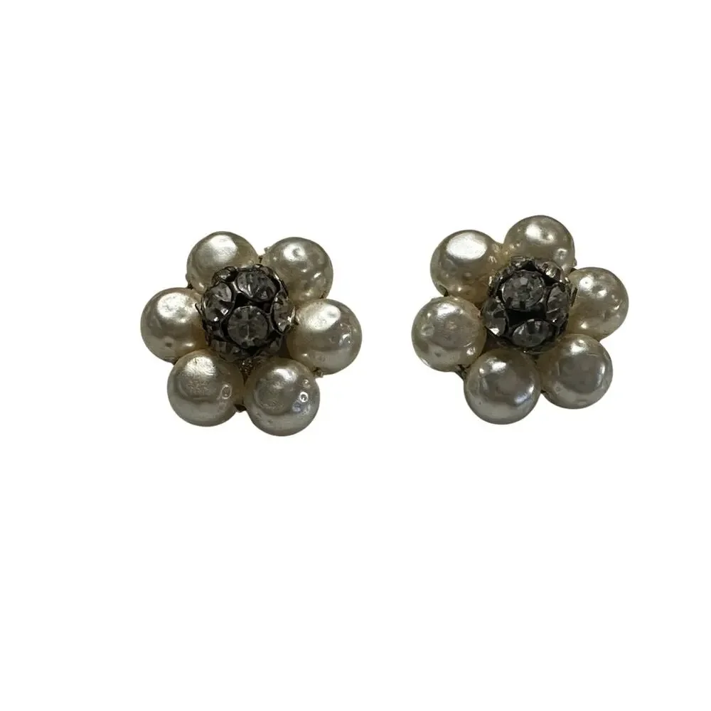 Vintage faux Pearl Crystal Earrings Rhinestone Statement Hollywood Glam jewelry